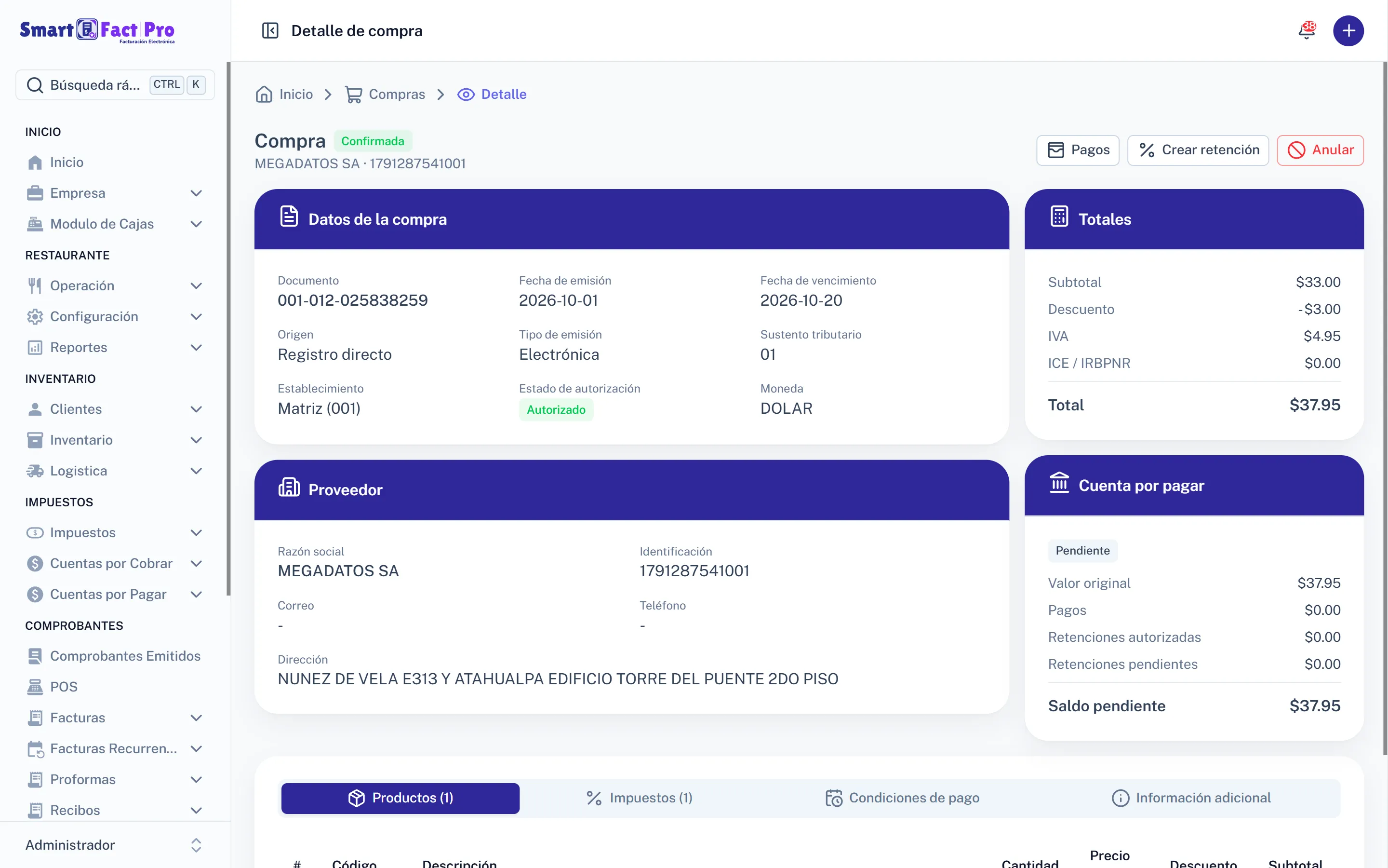 Compras y documentos recibidos: Compras de SmartFact Pro