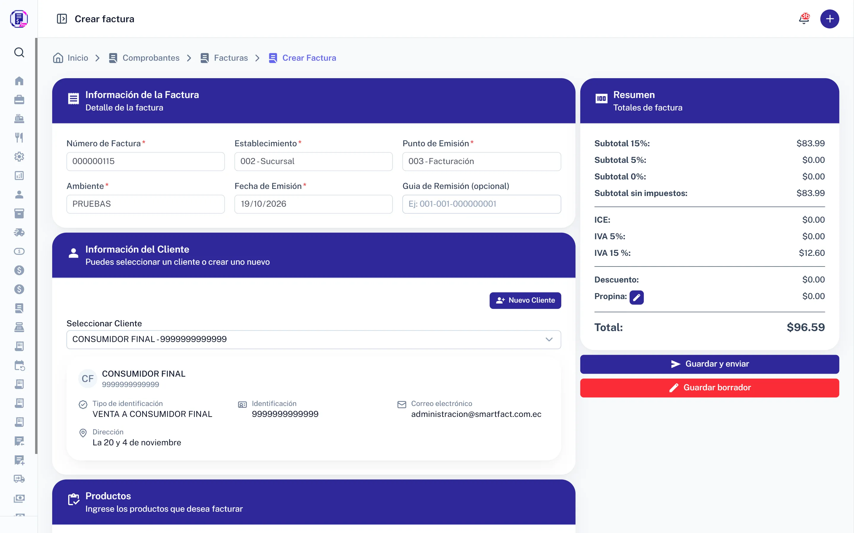 Todos los comprobantes del SRI: Emisión de factura de SmartFact Pro